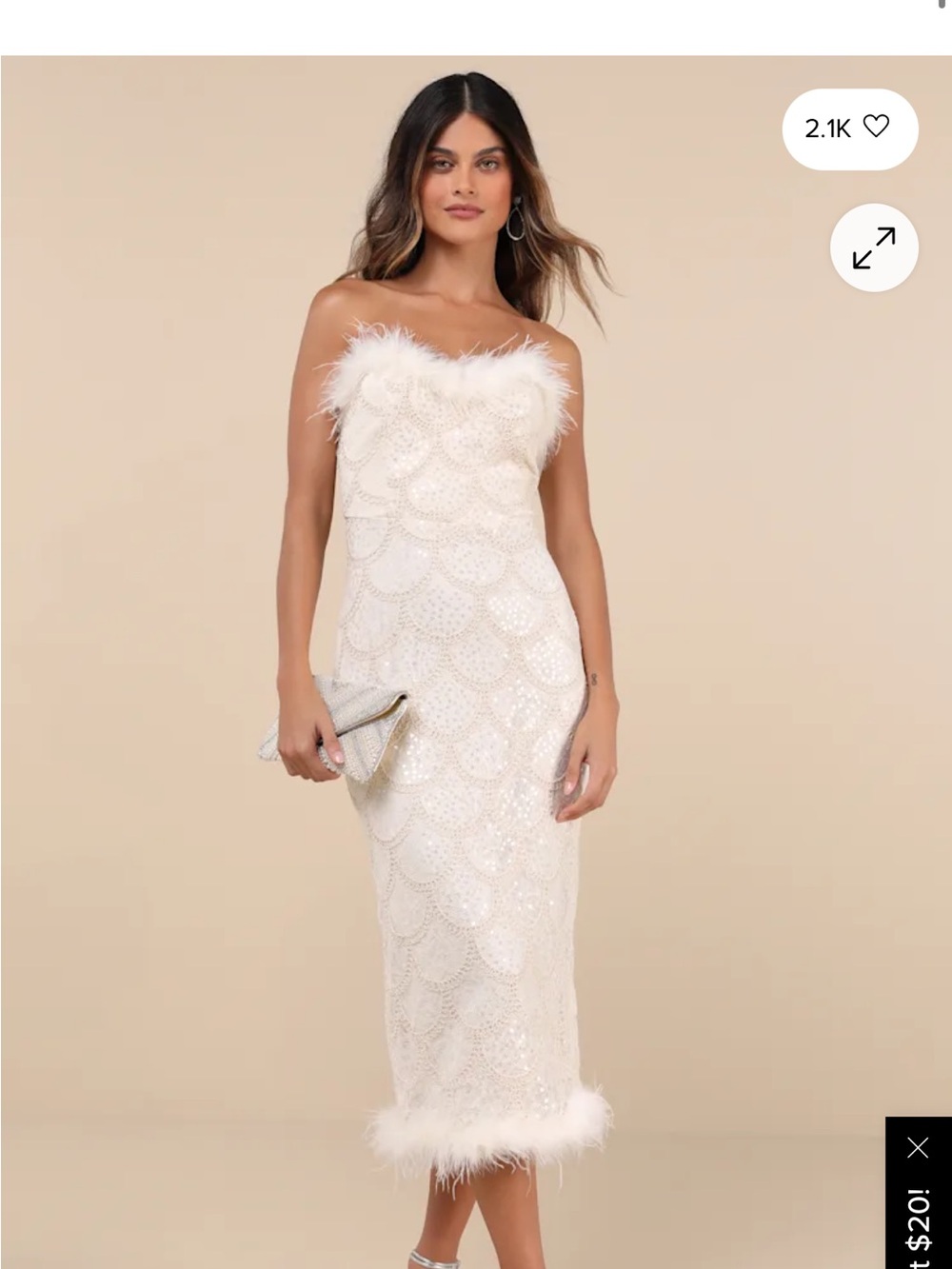Lulu's Ivory Strapless Feather-Trim Sequin Midi Dress - Picture 1 of 3